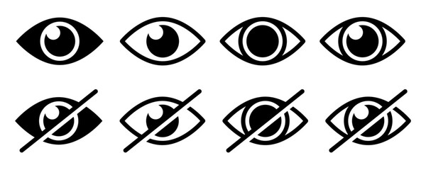 Eye black line icon set. No eye logo, crossed, privacy protection symbol, protect eye label, prevent peeping badge, anti spy, 99.9% high transparent, blue light protected, invisible and visible eye.