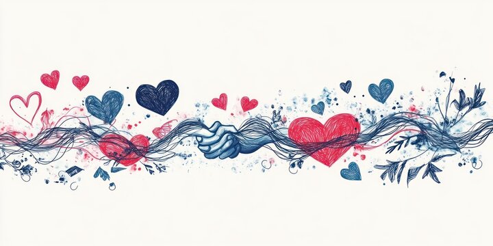 A colorful illustration of intertwined hands surrounded by hearts and decorative elements.