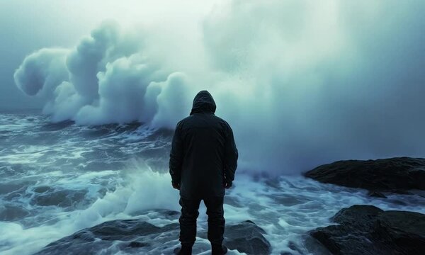 Lighthouse Illuminating Tempestuous Waves and a Solitary Figure