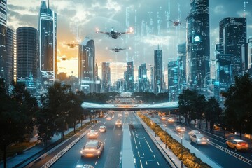 Naklejka premium Futuristic city, flying vehicles, highway traffic.