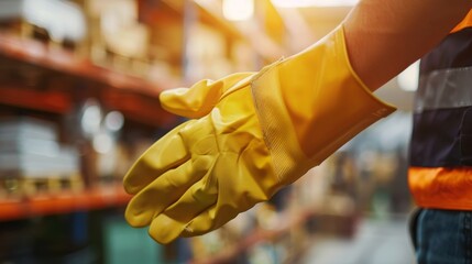 Obraz premium Close-up of worker's hand holding protective glove, symbolizing labor rights and safety in industrial environment. 