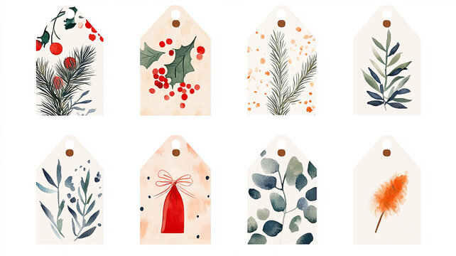 Beautiful watercolor gift tags featuring festive designs like holly, pine, and seasonal foliage. Perfect for adding personal touch to holiday gifts