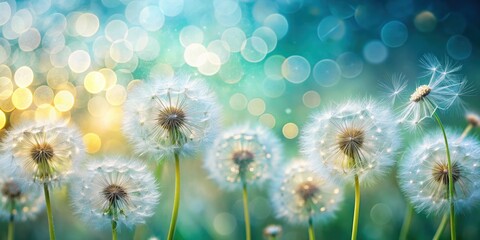 Obraz premium Abstract blurred dandelion seeds parachute on nature background with bokeh pattern, nature, abstract, background, dandelion