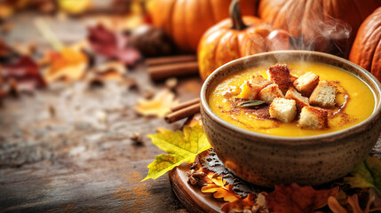 Fototapeta premium A close-up of a steaming bowl of pumpkin soup, topped with crunchy croutons and a sprinkle of cinnamon, set on a fall-themed table.
