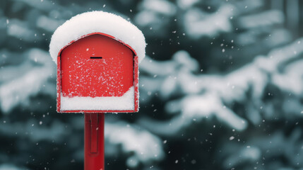 Christmas snow background. bright red mailbox covered in snow, creating cozy winter scene