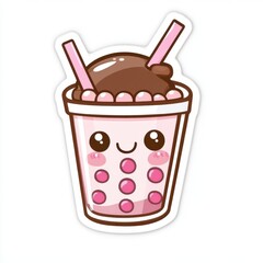 Cute kawaii bubble tea with chocolate topping and pink tapioca pearls.