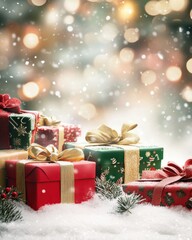 A festive Christmas card background featuring beautifully wrapped gifts as the central theme. 