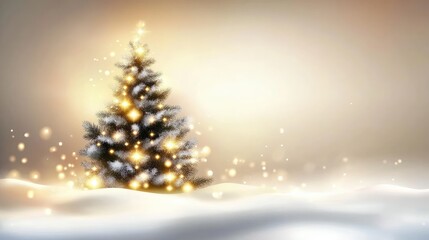 Winter backdrop with a snow-covered Christmas tree, warm festive garland lights glowing, soft blurred holiday border for widescreen designs.