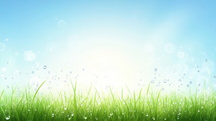 Obraz premium A serene landscape featuring lush green grass and a bright, sunny sky with water droplets.