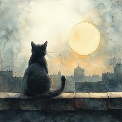 Watercolor painting of a cat sitting on a rooftop gazing at the moon, on isolated white background