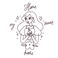 A woman holds a heart and a small house in her hands, symbolizing the joy of buying a new property. Vector graphics on the themes of love and property.