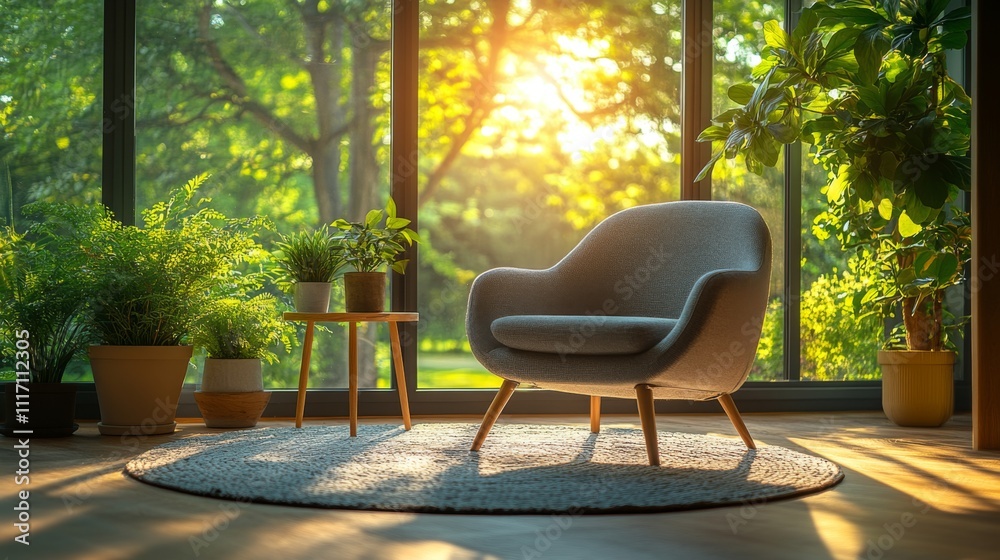 Aufkleber a comfortable chair is positioned on a soft rug, with sunlight streaming through large windows. pott