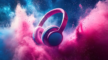 Pink and blue headphones suspended in a vibrant, colorful powder explosion against a dark...