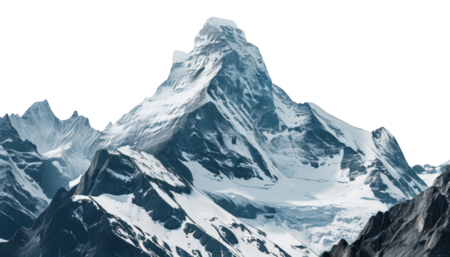 Majestic snow capped mountain peak surrounded by rugged terrain, showcasing stunning natural beauty and grandeur. Perfect for outdoor and adventure themes