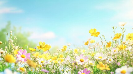 Vibrant wildflowers blooming in a meadow, yellow, white, and pink blossoms, soft focus effect with distant greenery and clear sky, copy space on top