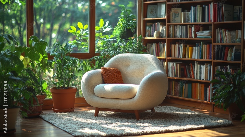 Poster A comfortable chair with an orange accent cushion sits in a bright room filled with greenery and natural light. A bookshelf is lined with colorful books, creating a peaceful atmosphere for reading.