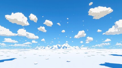 A serene winter landscape featuring snowy mountains under a bright blue sky with clouds.