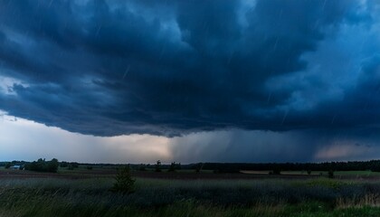 A dark, moody evening sky in shades of black and blue, with dramatic clouds creating a foreboding atmosphere. The scene captures the eerie stillness before a storm, evoking a sense of tension.