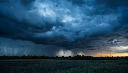 A dark, moody evening sky in shades of black and blue, with dramatic clouds creating a foreboding atmosphere. The scene captures the eerie stillness before a storm, evoking a sense of tension.