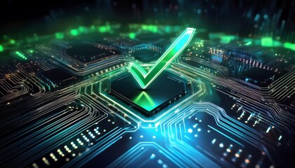 Fototapeta premium A glowing green checkmark is superimposed on a circuit board, symbolizing approval and technological advancement.