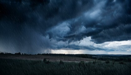 A dark, moody evening sky in shades of black and blue, with dramatic clouds creating a foreboding atmosphere. The scene captures the eerie stillness before a storm, evoking a sense of tension.