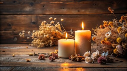 A cozy and comforting setting with two burning candles on a wooden table surrounded by dried flowers, candle, flame, light