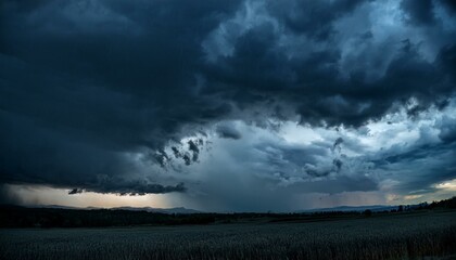 Fototapeta premium A dark, moody evening sky in shades of black and blue, with dramatic clouds creating a foreboding atmosphere. The scene captures the eerie stillness before a storm, evoking a sense of tension.