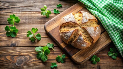 Rustic Irish soda bread with shamrock napkin on wooden board, Irish, soda bread, rustic, homemade, traditional, St. Patrick's Day