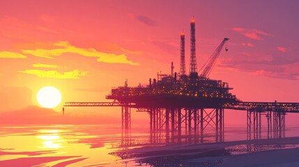 Obraz premium Majestic Oil Rig Against a Stunning Sunset with Vibrant Colors and Dramatic Sky Reflections Over Calm Waters, Showcasing Energy Industry and Natural Beauty