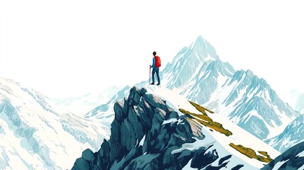 a 2D cartoon illustration of a person hiking in the woods, adventurous and natural, white background--ar 16:9