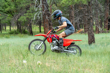 Exciting moments of dirt biking in a lush forest landscape