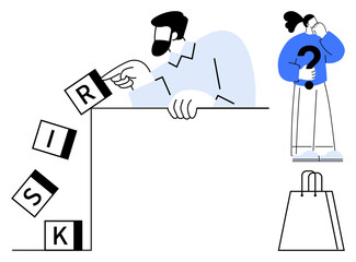 Man pushing letter blocks spelling RISK off edge, woman with question mark considering options, shopping bag. Ideal for decision making, risk management, problem-solving, uncertainty, consequences