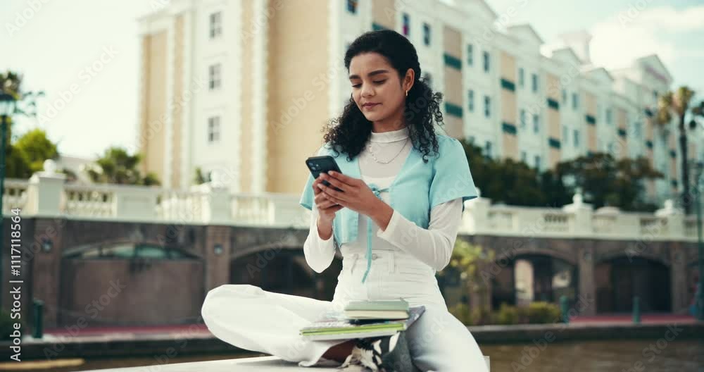 Poster woman, student and phone for texting at campus with contact, mobile app and chat on web at college. 