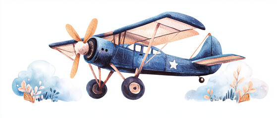 whimsical watercolor illustration of blue airplane flying among soft clouds and flowers, evoking sense of adventure and nostalgia
