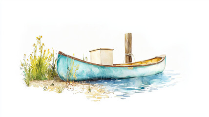 whimsical watercolor illustration of canoe docked by shore, surrounded by lush greenery and calm water, evoking serene and peaceful atmosphere