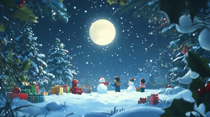 A heartwarming cartoon-style Christmas scene set under the glow of a full moon. 