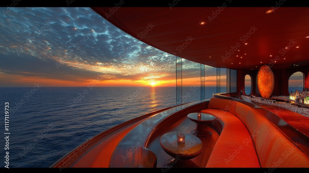 Poster the sleek interior of a modern bar features plush seating and panoramic windows, allowing guests to 