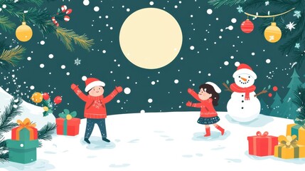 A heartwarming cartoon-style Christmas scene set under the glow of a full moon. Snowflakes gently fall from the sky, covering the ground in a blanket of white. 