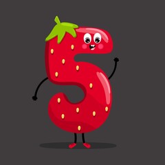 Cute cartoon character strawberry fonts number 5 , Cute strawberry cartoon number five.
