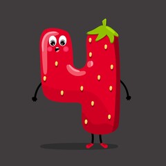 Cute cartoon character strawberry fonts number 4 , Cute strawberry cartoon number four