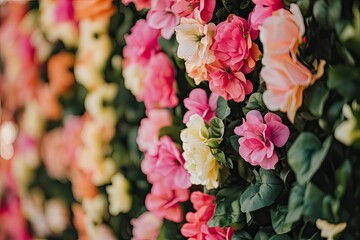 Fototapeta premium Pink, peach, and cream blossoms; lush green foliage.
