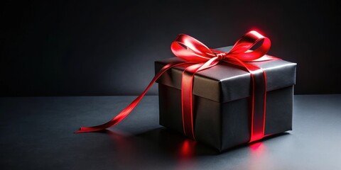 Black gift box wrapped with red glowing neon ribbon on dark background, gift, box, black, red, glowing, neon, ribbon