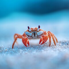 Close-up of a vibrant orange crab on a white sandy beach, facing the camera.