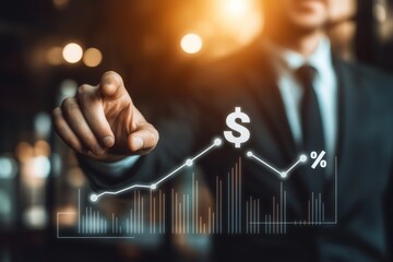Businessman using finger to point to a digital virtual graph hologram and icon. Finance banking trading currency theme. Generative AI