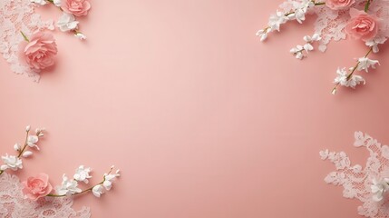 Fototapeta premium Delicate pastel pink and white flowers and lace arranged in a frame on a smooth surface.