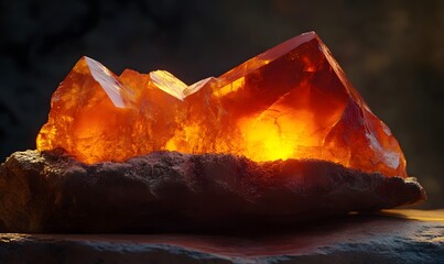 Glowing orange crystal cluster on dark rock.