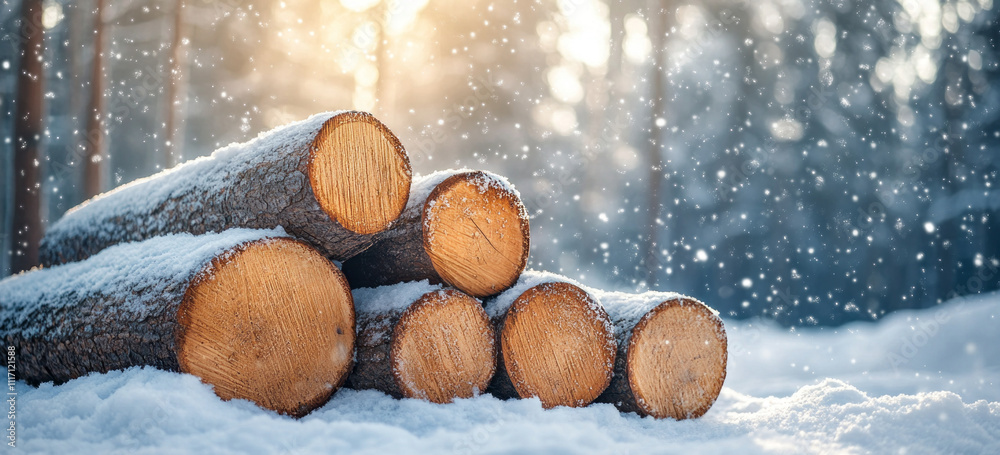 Poster a tranquil winter setting showcases a carefully arranged pile of snow-dusted logs amidst falling sno