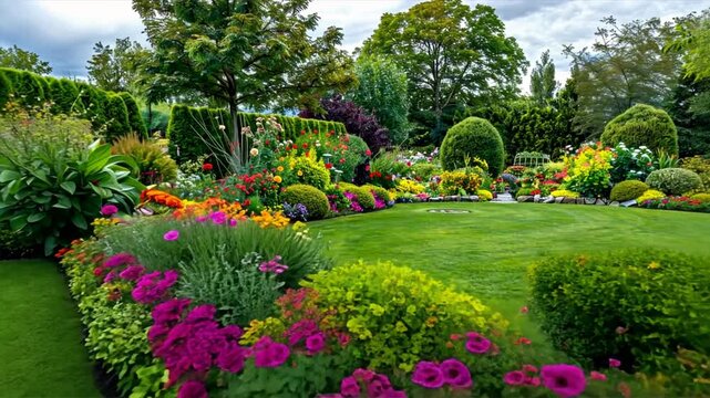 Vibrant outdoor garden showcasing colorful flowers, lush greenery, and manicured lawns, creating serene landscape perfect for nature lovers to relax and enjoy beauty of plants.