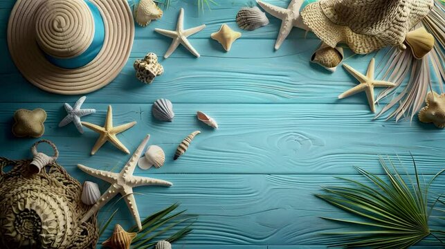 Beach accessories on blue wooden background.