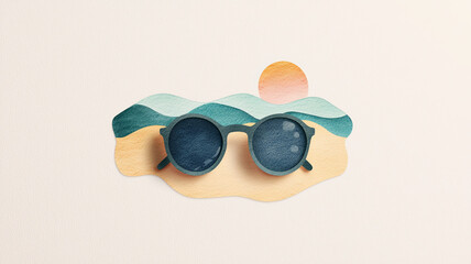 Whimsical watercolor illustration of sunglasses on beach with waves and sunset. This vibrant artwork captures serene summer vibe, perfect for evoking relaxation